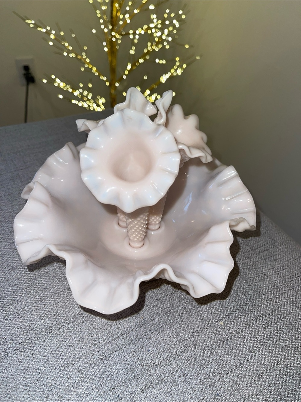 Fenton Hobnail Triple Epergne Vase in Pink Milk Glass - Picture 8 of 10